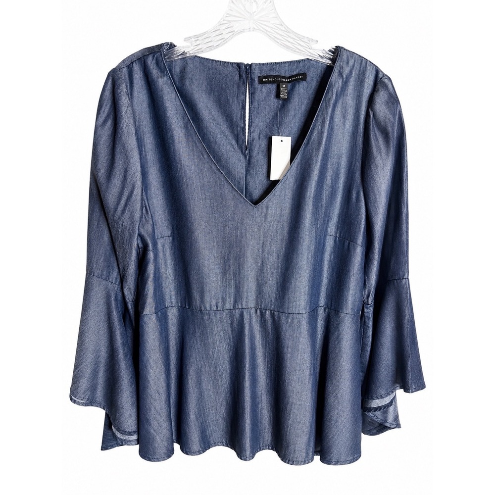NWT White House Black Market Ella Denim Blouse Women 10 Blue Cotton Empire